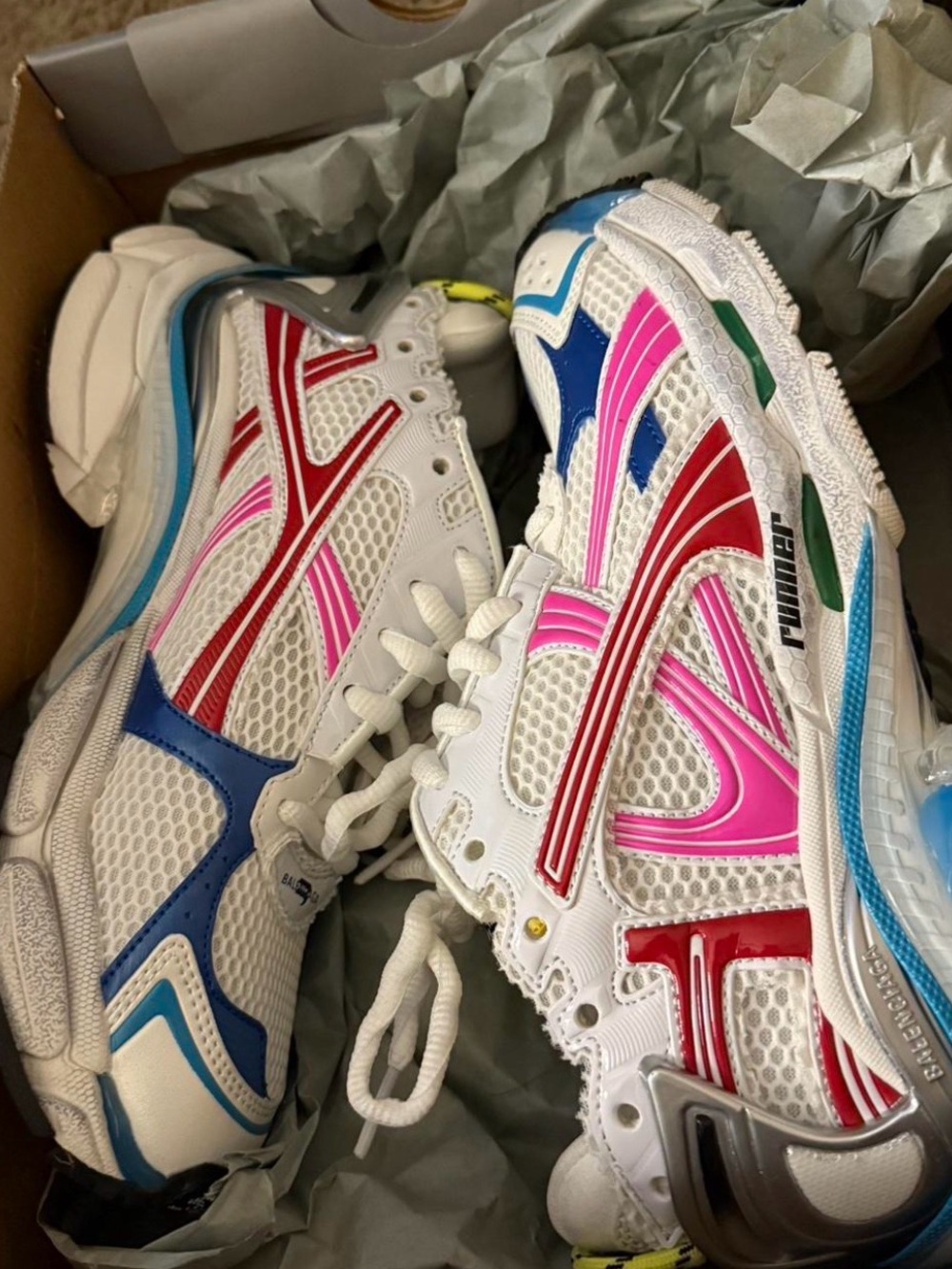 Balenciaga White Multi-Color Mesh Sneakers (Pink, Red, Blue, Green)